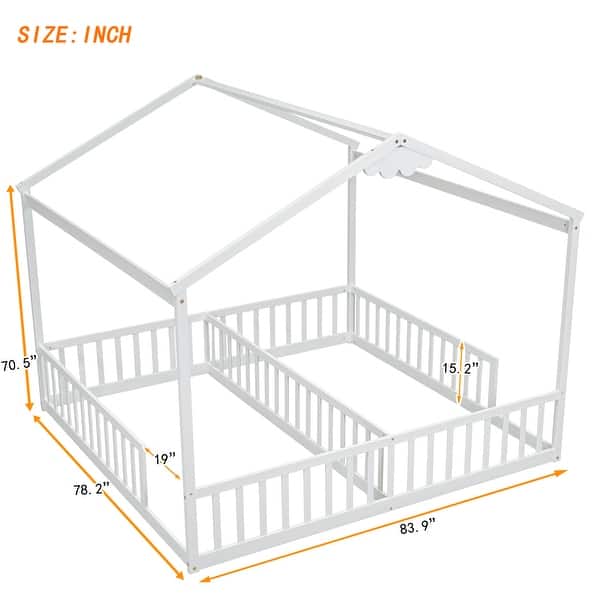 dimension image slide 1 of 2, Double Twin Size Pine Wood Kids House Floor Bed Frame with Fence & Guardrails, No Box Spring Needed