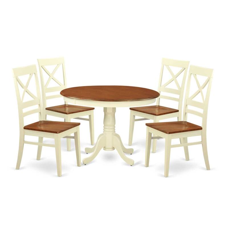 HomeStock 5-Piece Round Buttermilk and Cherry Finish Solid Wood Top Dining table with 4 Chairs with Lattice Back