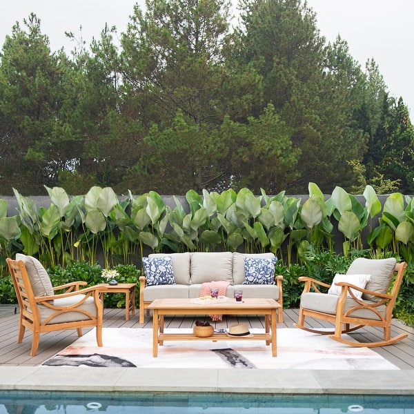 slide 2 of 9, Cambridge Casual Lowell 5-piece Teak Wood Patio Conversation Set with cushion Natural Teak/Beige Cushion