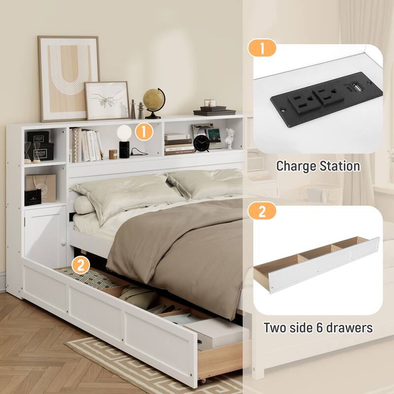 White Wooden Storage Bed with Bookcase Headboard, 6 Drawers, Charging Station, No Box Spring Needed, Twin