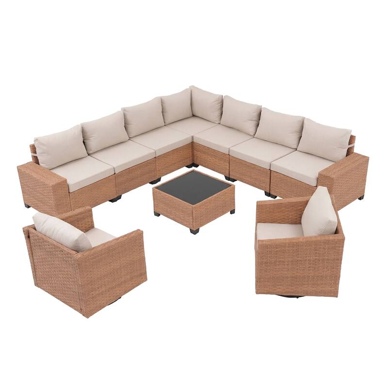 Outdoor Conversation Set L-Shaped Corner Sectional Sofa 10-Piece with Swivel Chair and Coffee Table PE Wicker Rattan