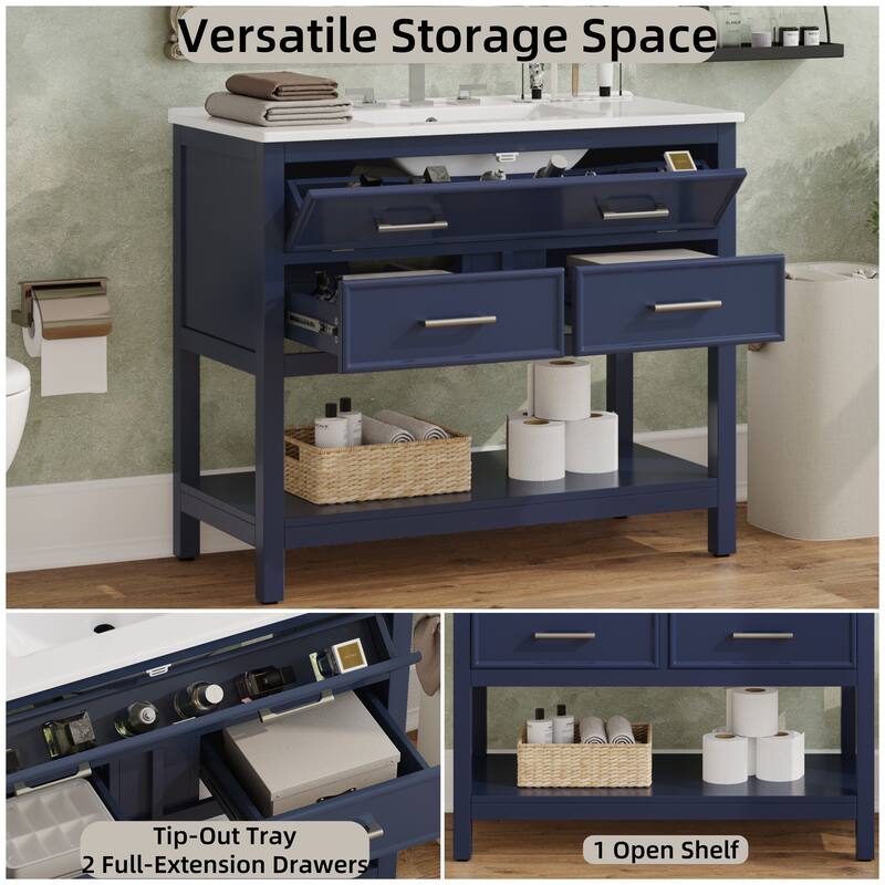 Bathroom Vanity with Sink, Multi-Functional Wood Bathroom Cabinet, Vanities Set with Open Shelf, Tip-Out Tray & 2 Drawers