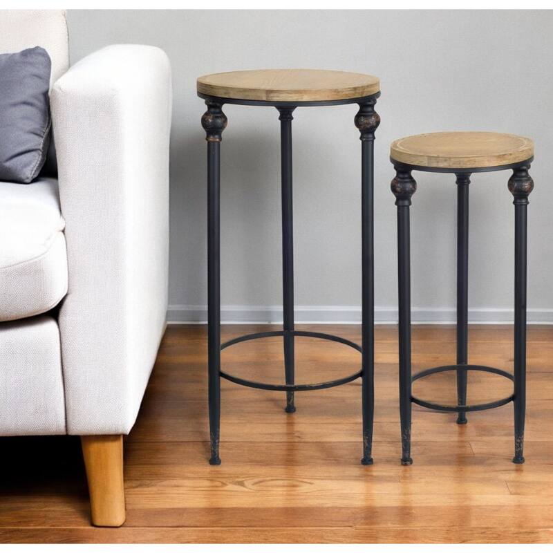 Brown Wood and Black Metal Round End Table Set of 2 with 3 Leg Bases - 12" x 12" x 26.75" (D x W x H)