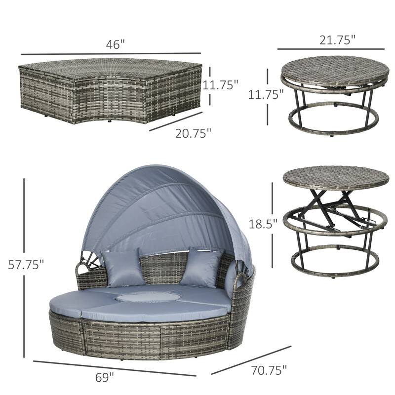 Outsunny 4pc Rattan Patio Furniture Set, Round Convertible Daybed or Sunbed, Adjustable Sun Canopy, Sectional Outdoor Sofa