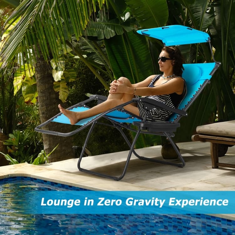 Folding Recliner Lounge Chair w/ Shade Canopy Cup Holder - Blue