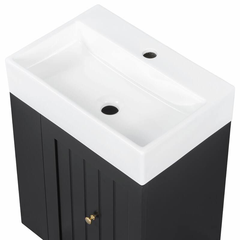 20-Inch Bathroom Vanity with Ceramic Sink - MDF Storage Cabinet with Drawer, Side Shelf and Silver Handle