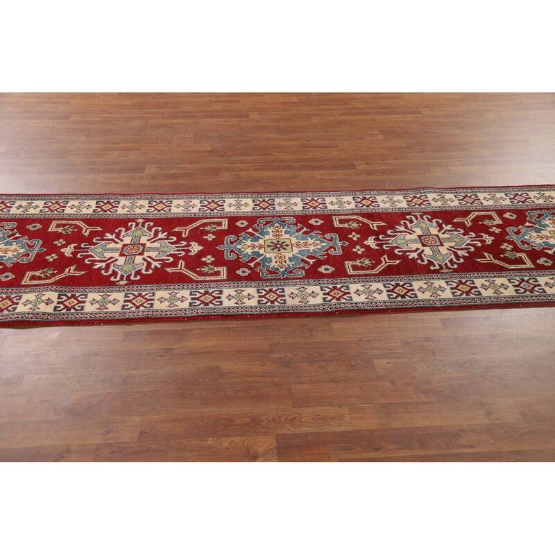 Red Geometric Kazak Runner Rug Handmade Oriental Wool Carpet - 2'9" x 10'1"