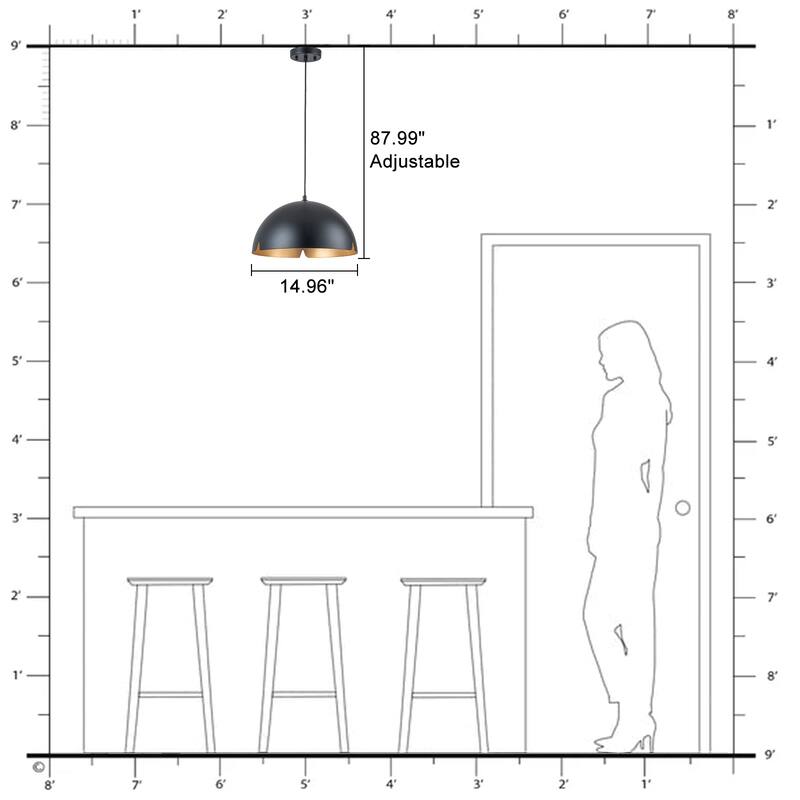 Modern 15" Iron Dome Pendant Light with Gold Foil Interior - Dia.15-in