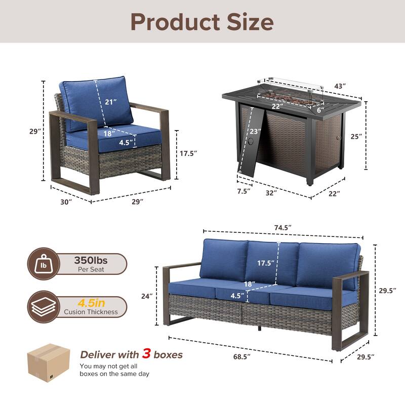 Meyreso Wicker Patio Conversation Set with Metal Fire Pit Table & Olefin Cushions