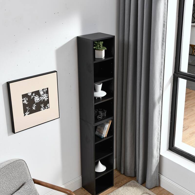 Roomfitters 8-Tier Tall Narrow Bookcase with Adjustable Shelves, Slim Storage Tower for Books, CDs, DVDs, and Décor