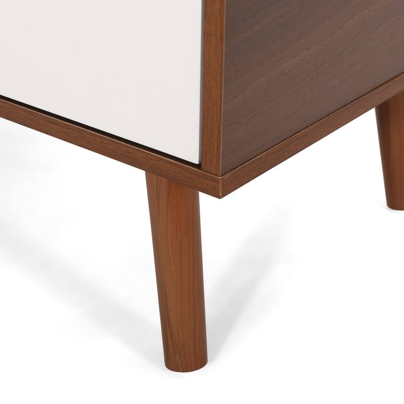 Roomfitters Mid-Century TV Stand with Storage Cabinets and Open Shelves for Living Room or Bedroom, Walnut+White