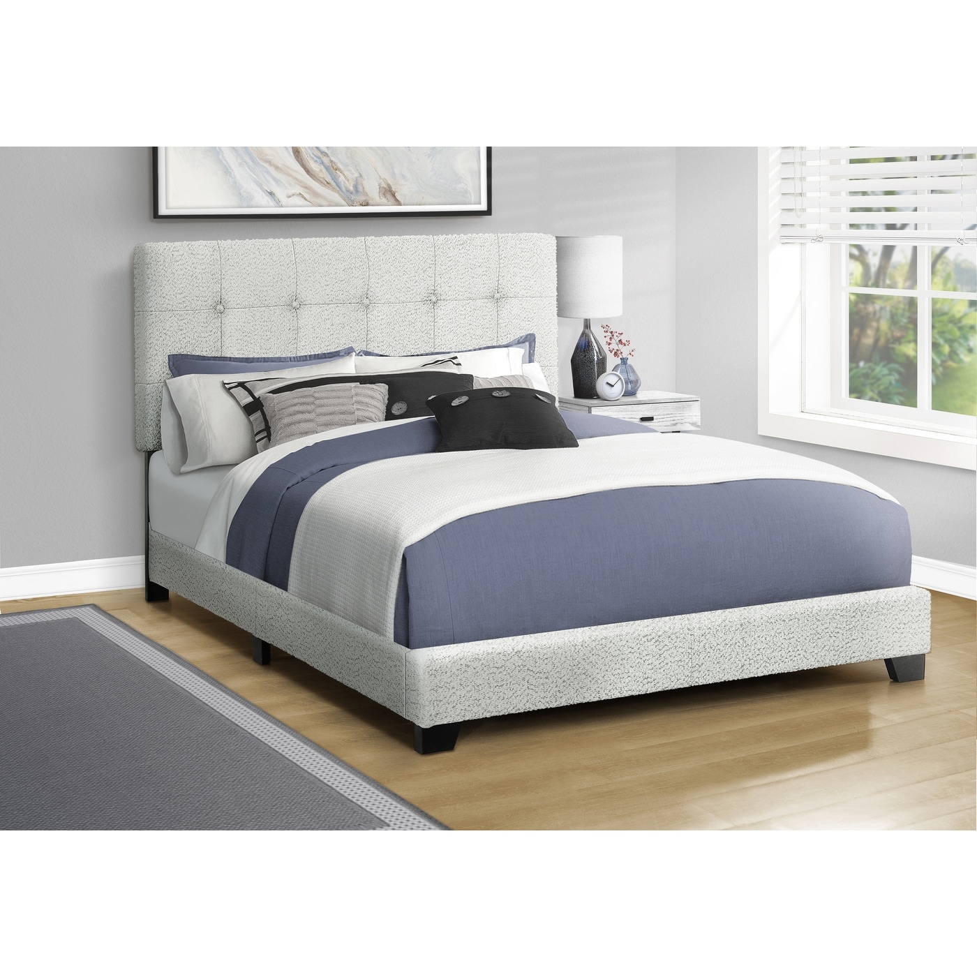 Queen Size Upholstered Bed Frame in Light Grey Boucle with Black Block Feet