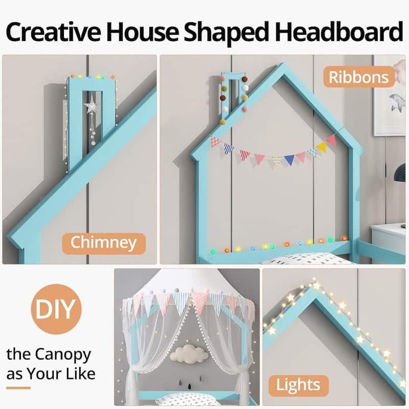 Twin Size House-Shaped Headboard Floor Bed with Fences