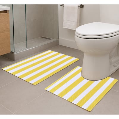 2 Piece Set Yellow White Stripe Soft Cozy Plush Chenille Bath Mat Bathroom Rug