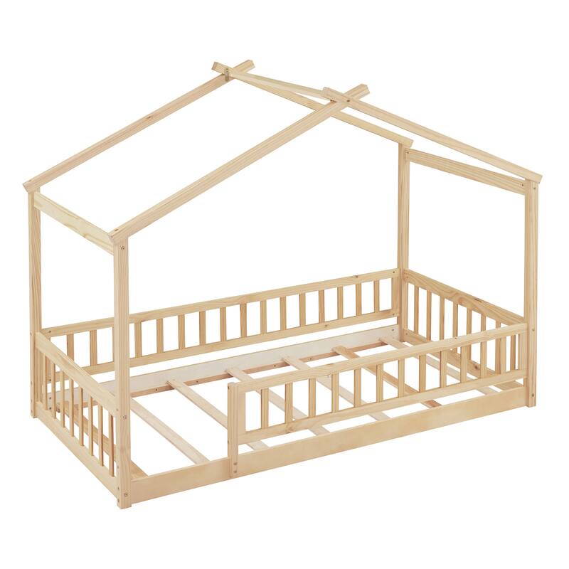 Natural Twin Size Wood House Bed Frame with Roof and Fence, for Kids, Teens, Girls, Boys
