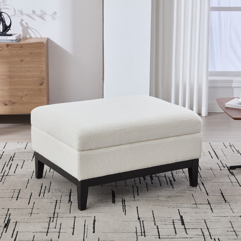 Roomfitters Storage Ottoman, Boucle Coffee Table Footstool with Reversible Lid and Wood Base for Living Room or Bedroom