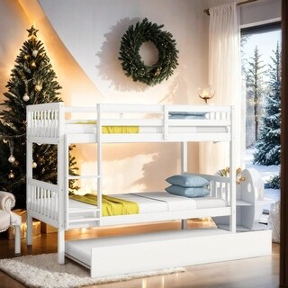 Stylish & Simple Twin Over Twin Bunk Beds with Trundle, Safety Rail and Ladder, Kids/Teens Bedroom, Split Into 2 Beds, White