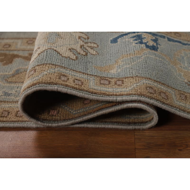 Geometric Blue Vegetable Dye Oushak Turkish Hand-Knotted Wool Carpet - 5'5"x 7'7"