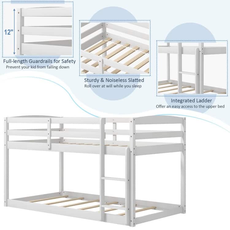 Modern Twin Size Bunk Bed with Ladder and Safety Guardrails