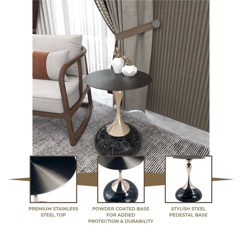 Savoy Round Side Table Stainless-Steel Black Top and Pedestal Base for Home Office Living Room