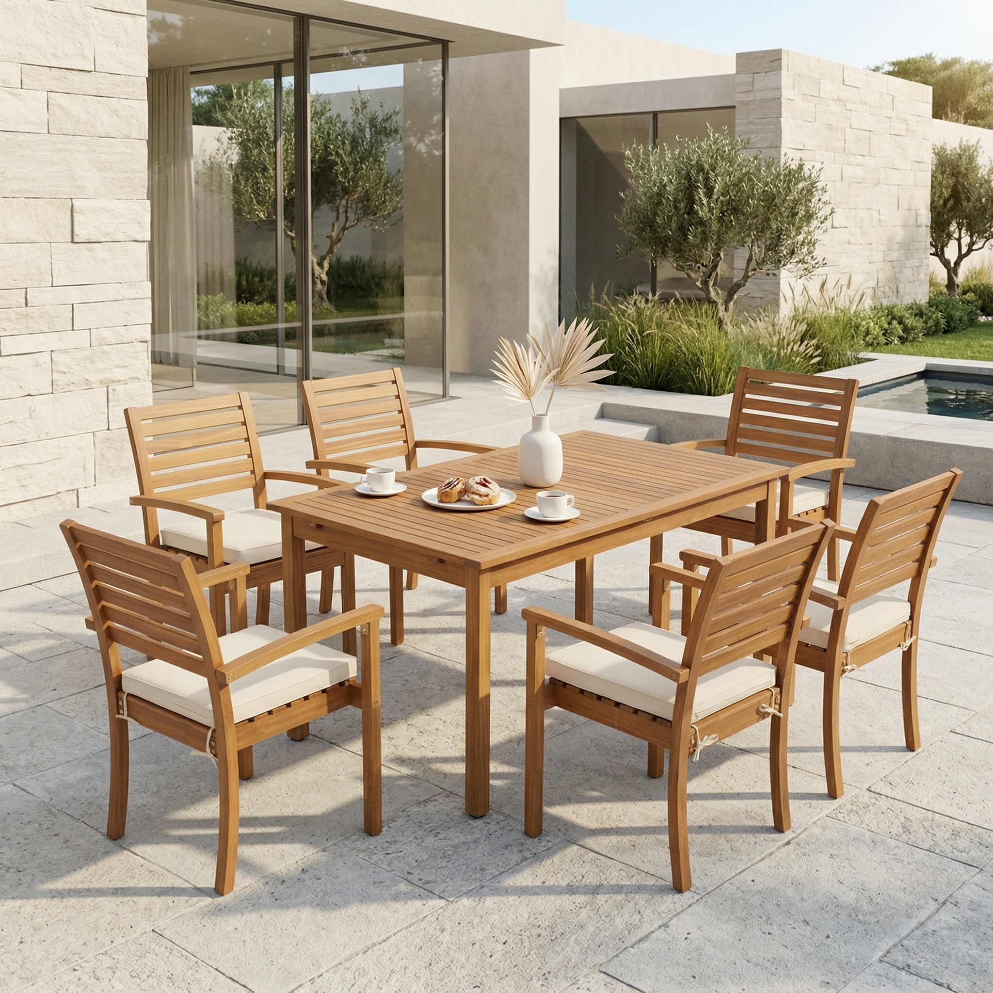 7-Piece Outdoor Acacia Wood Dining Set – Expandable Table & Stackable Chairs