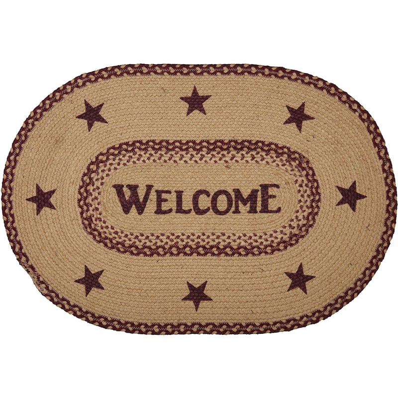 Burgundy Tan Jute Rug Oval Welcome w/ Pad 20x30 - 20" x 30" Oval