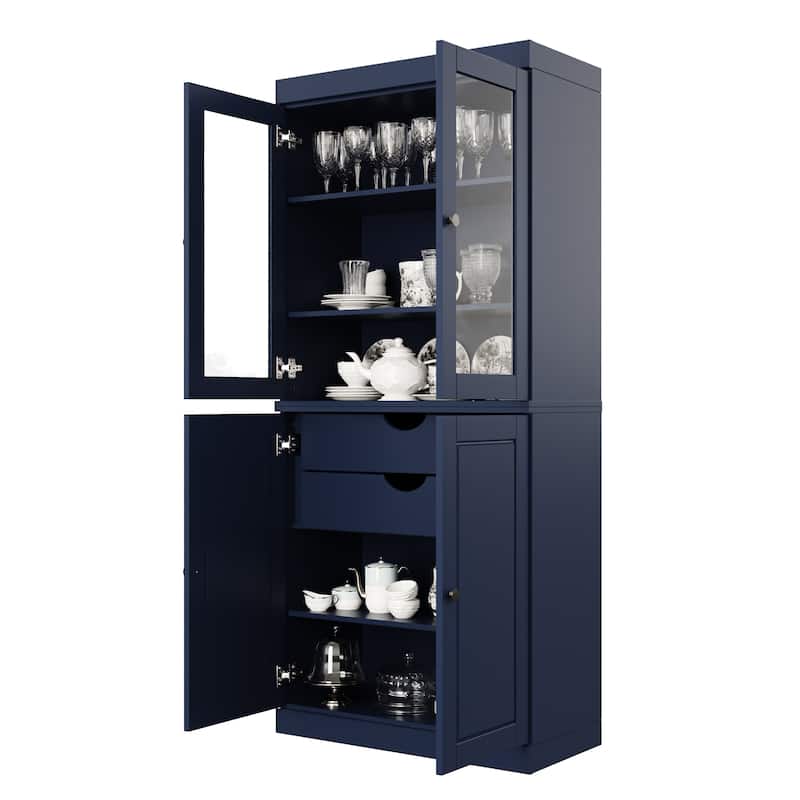 Palace Imports 100% Solid Wood Pantry Cabinet with Frosted, Clear Glass or Solid Doors, 2-Drawers and Adjustable Shelves