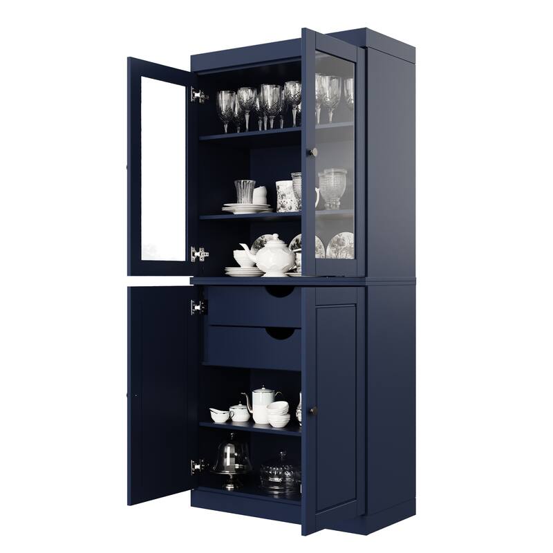 Palace Imports Solid Wood Pantry Cabinet, Raised Panel & Clear Glass Doors, 2 Drawers, Adjustable Shelves