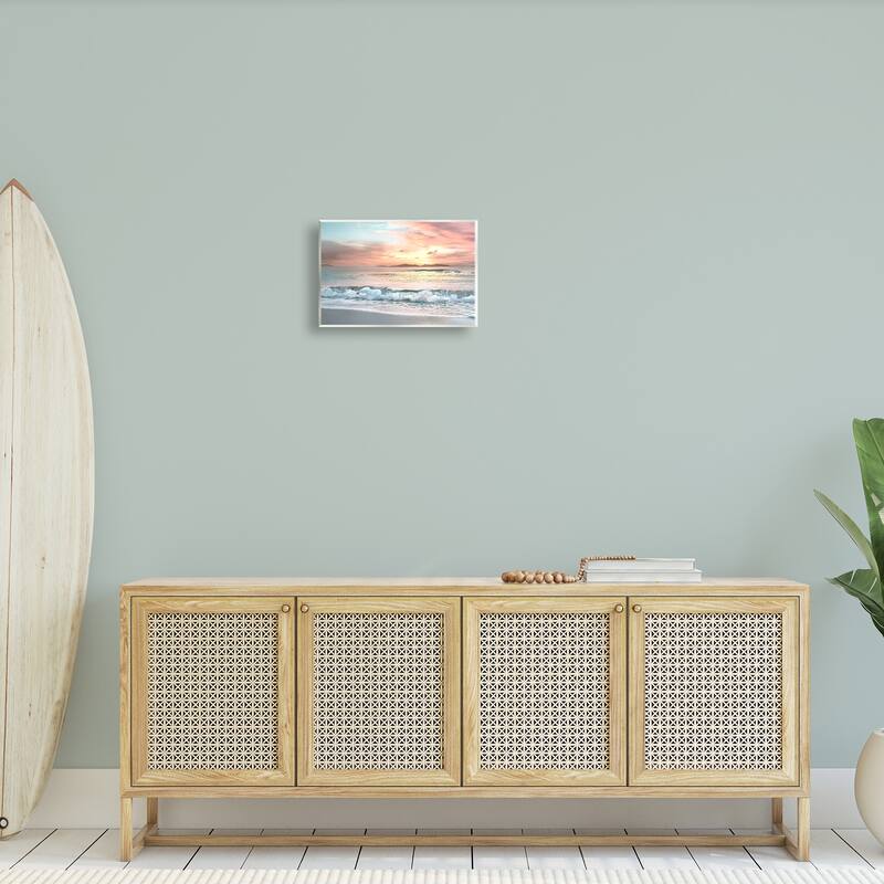 Stupell Morning Sunrise Beach Landscape Distant Mountains Rolling Tide Wood Wall Art - Orange