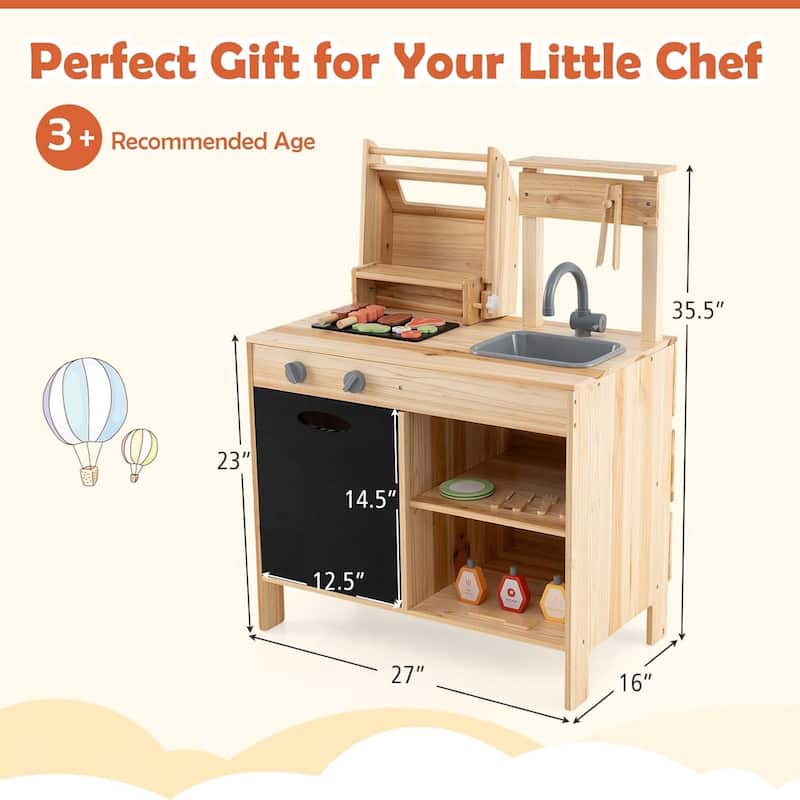 Kids Kitchen Playset Wooden Kids BBQ Grill Playset w/Blackboard