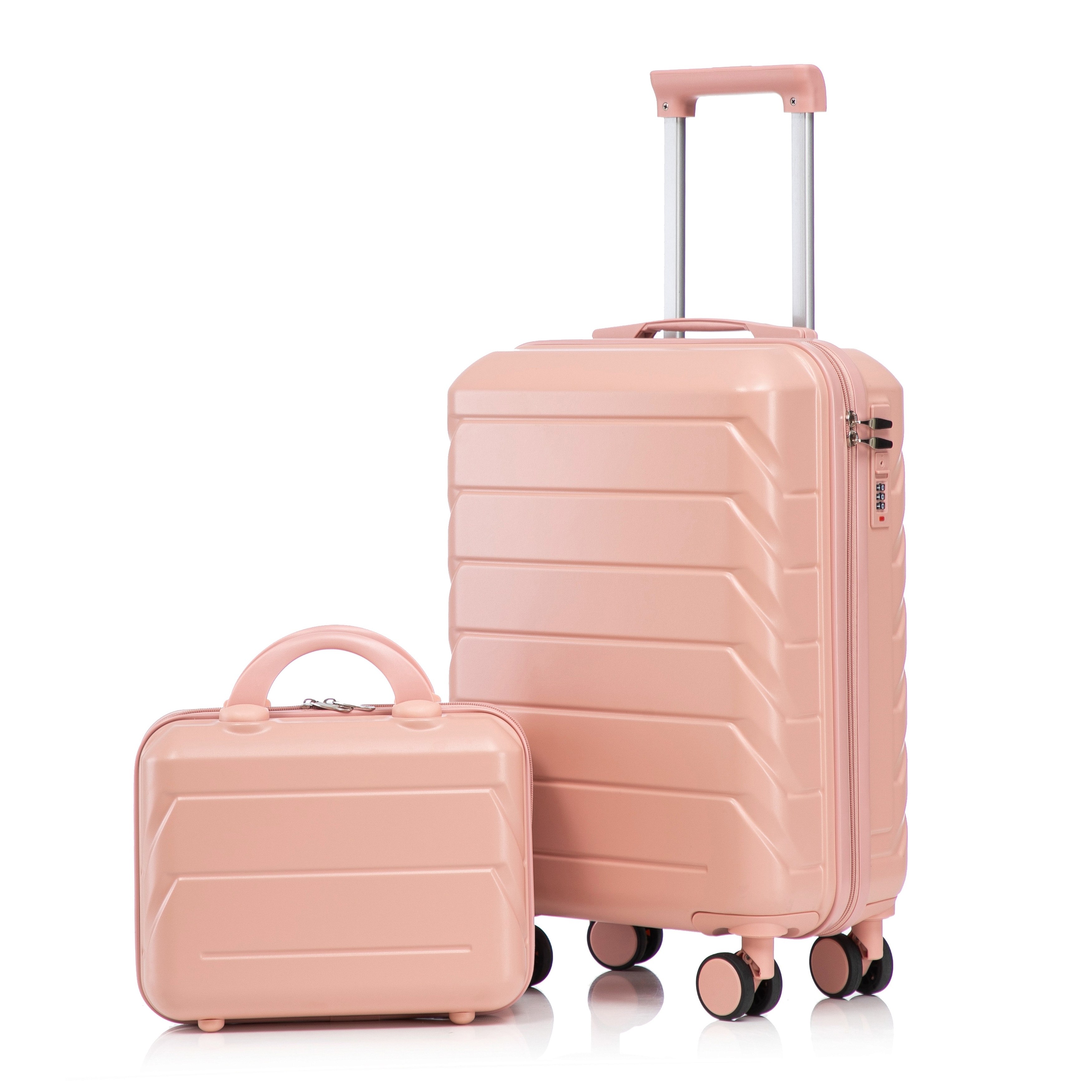 14"/20" 2-Piece, Modern Luggage Sets with Makeup Case, Spinner Wheel and Combination Lock, for Boarding Travel, Pink