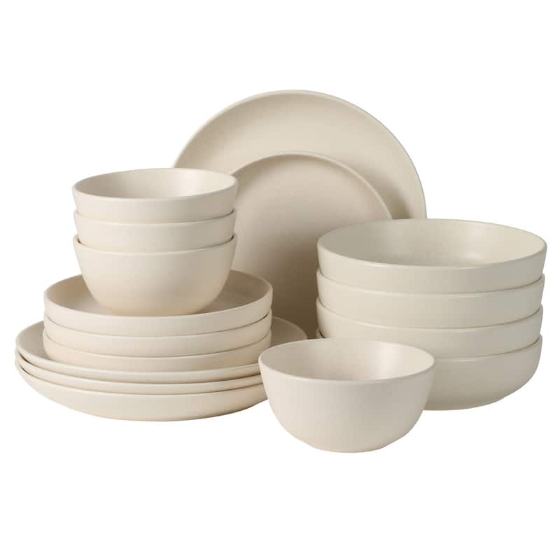 Gibson Elite Leeds Court Plates and Bowls Sets, 16-Piece Stoneware Dinnerware Sets, Round Speckle Reactive Glaze Dish Set - Beige
