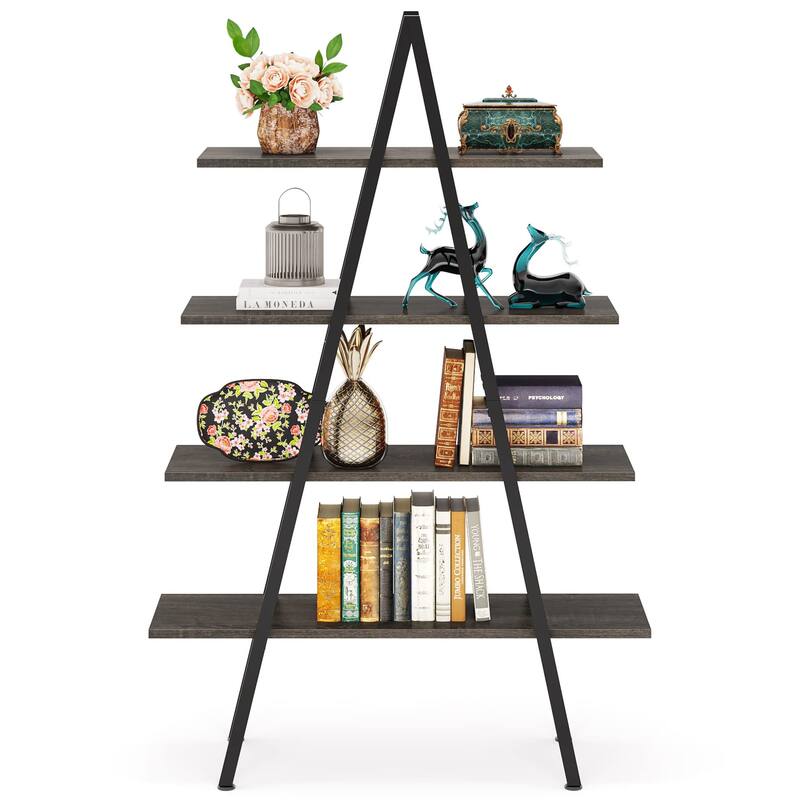 4-Tier Bookshelf Bookcase 4 Shelves Industrial Ladder Shelf, Brown and White