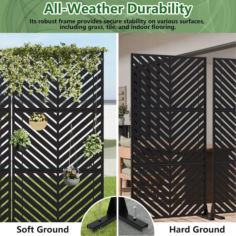Outdoor Privacy Screen 2-Panel Chevron Metal Privacy Fence with Wind-Resistant Base Durable Decorative Divider