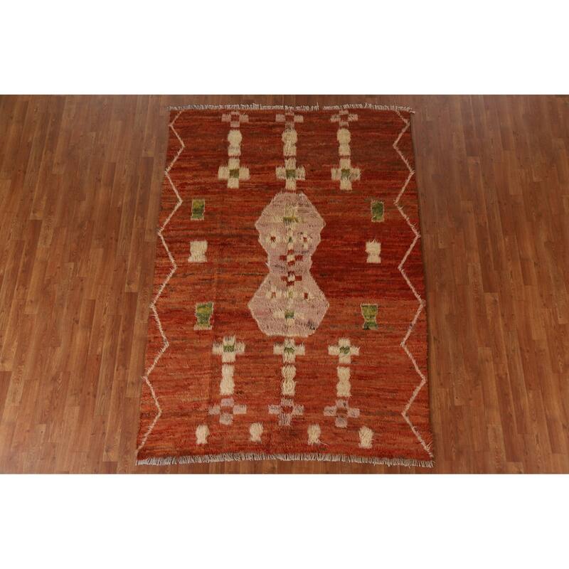 Hand Knotted Oriental 100% Wool Carpet Modern Tribal Oranges & Rust Moroccan Area Rug - 7' 8'' X 5' 6''