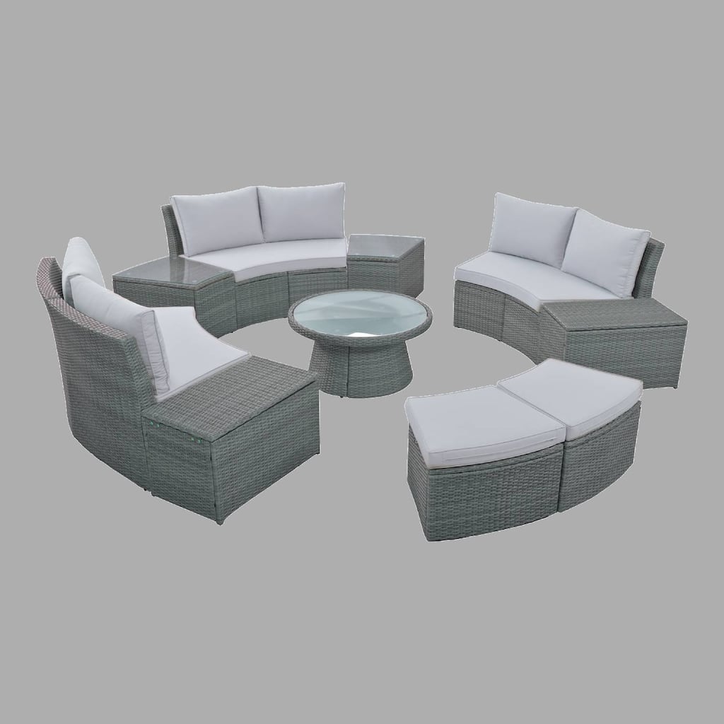 10-Piece Modular Outdoor Sectional Sofa Set, All-Weather PE Rattan with Cushions, Storage Stools & Glass Tables