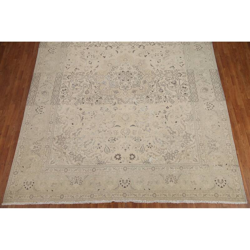 Hand Knotted Oriental 100% Wool Carpet Traditional Floral Beige & Ivories Tabriz Area Rug - 12' 8'' X 9' 9''