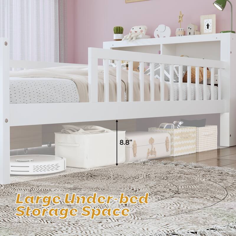 Safe Kids Bed Platform Bed Twin Size Wood Bed Frame with Storage Headboard and 2 Drawers Under, 3-Side Guardrails for Boys Girls