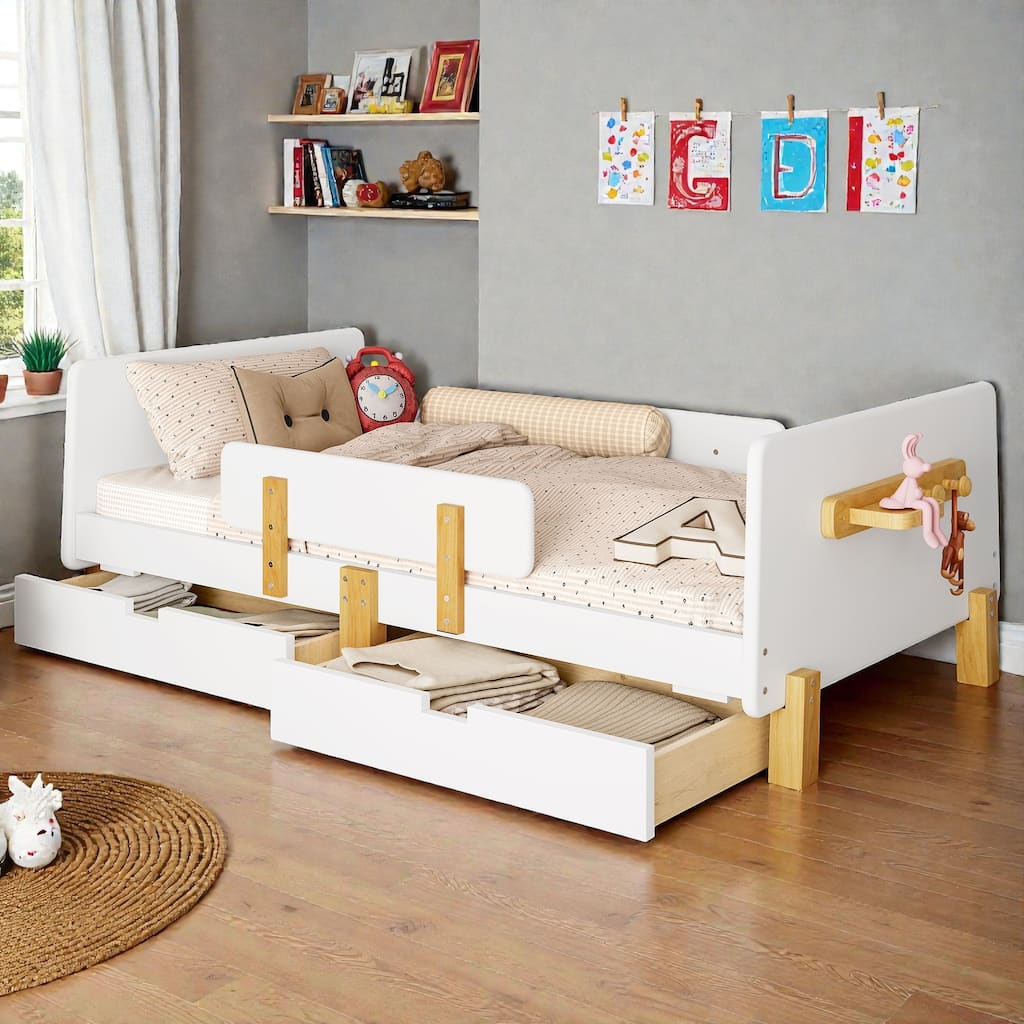 Twin/Full Wood Platform Bed with Storage Drawers, Guardrail, Shelf & Hooks, Solid Wood Frame, No Box Spring Needed