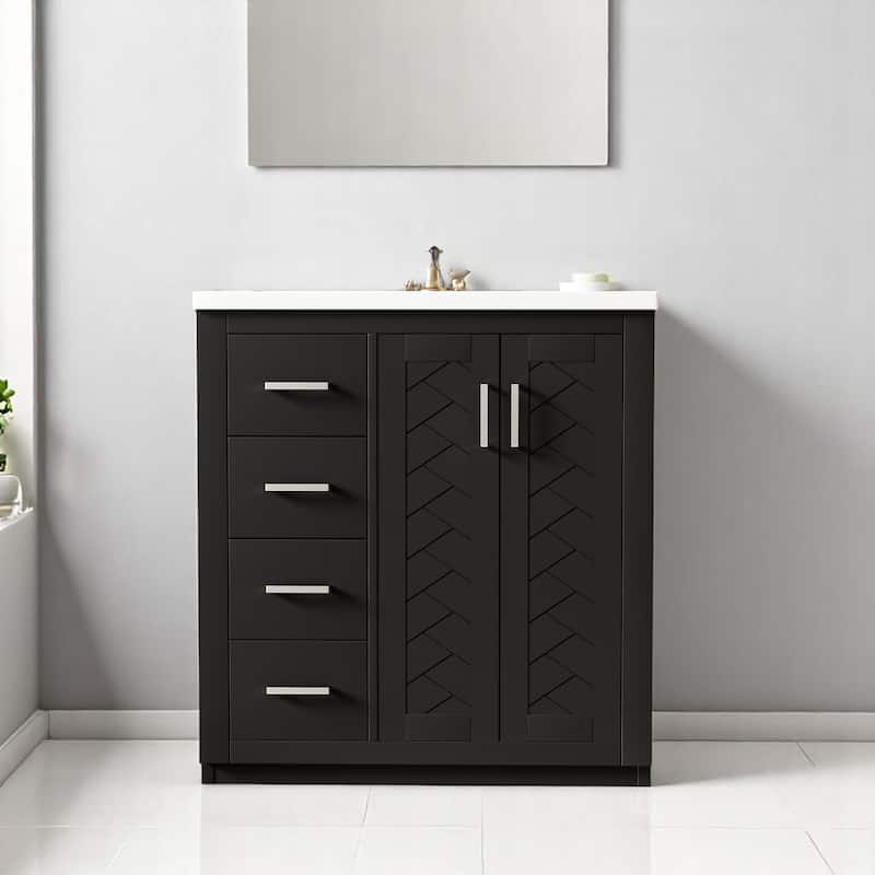 30'' Bathroom Vanity with Sink, Solid Wood Frame, 3 Drawers & 2 Soft-Close Doors, Freestanding Cabinet - Black
