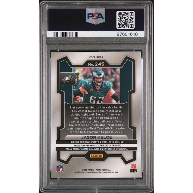 Jason Kelce 2023 Panini Prizm Neon Green Pulsar Football Card #245 Graded PSA 10 - 8'6" x 11'6"
