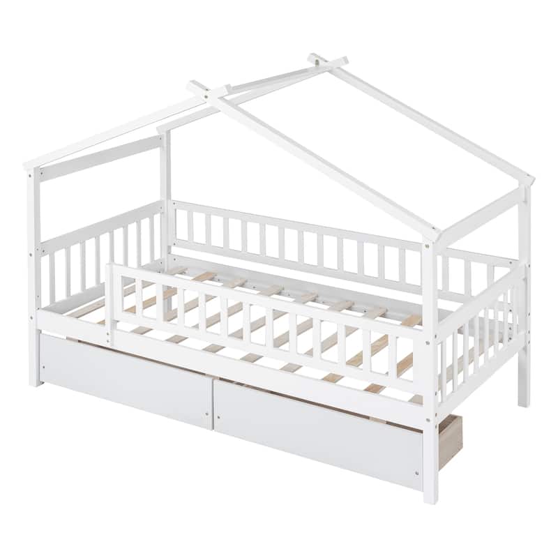 Twin Size Wooden House Bed with Drawers and Roof Design, Kids Bed Frame