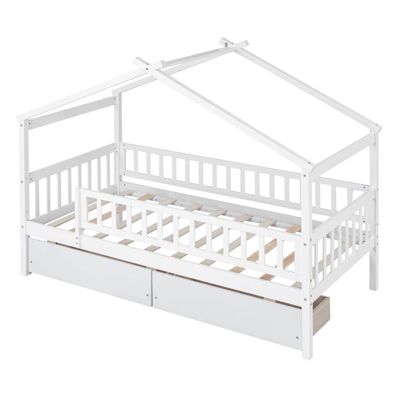 Wooden House Bed for Kids with Two Storage Drawers, Sturdy Twin Size Design