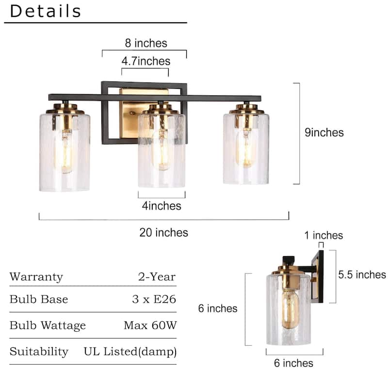 Modern Black Gold 3-Light Bathroom Vanity Lights Wall Lighting with Seeded Glass Shade