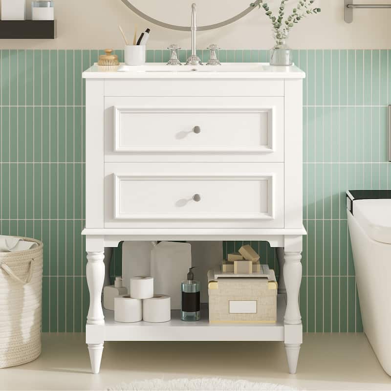 24" Bathroom Vanity with Ceramic Sink, Bathroom Storage Cabinet with Open Shelf, Retro Design Bathroom Cabinet with 2 Drawers - White