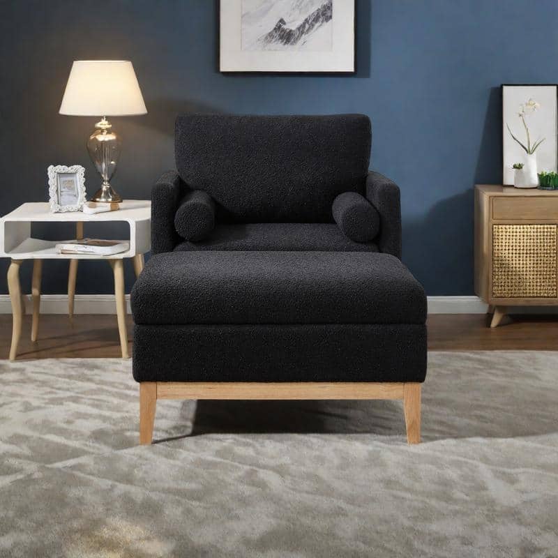 Boucle Farmhouse Armchair Set with Storage Ottoman and Natural Wood Legs - Black