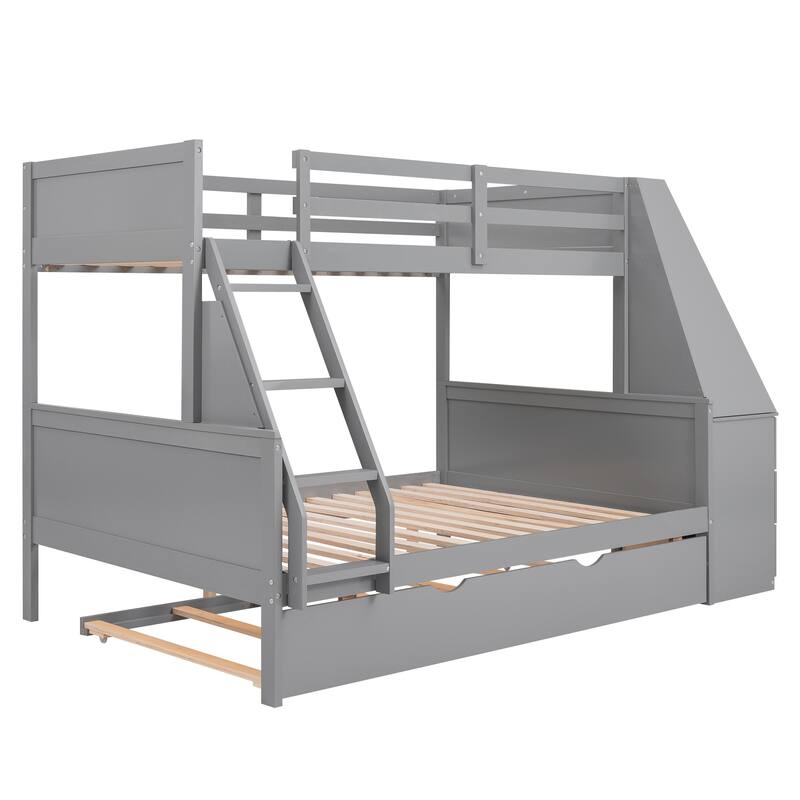 Twin over Full Bunk Bed with Trundle, Built-in Desk, Drawers, and Shelf, Gray