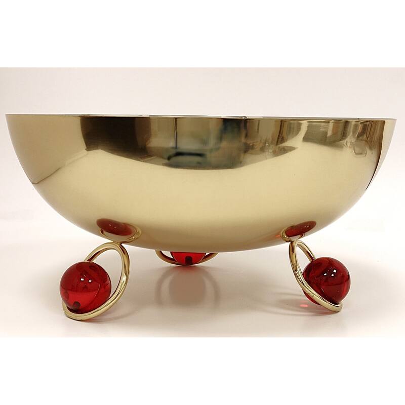 Salad Bowl Silver Inner Gold Outer with Ball Legs - Gold, Red Ball - 12''D x 5.7"H