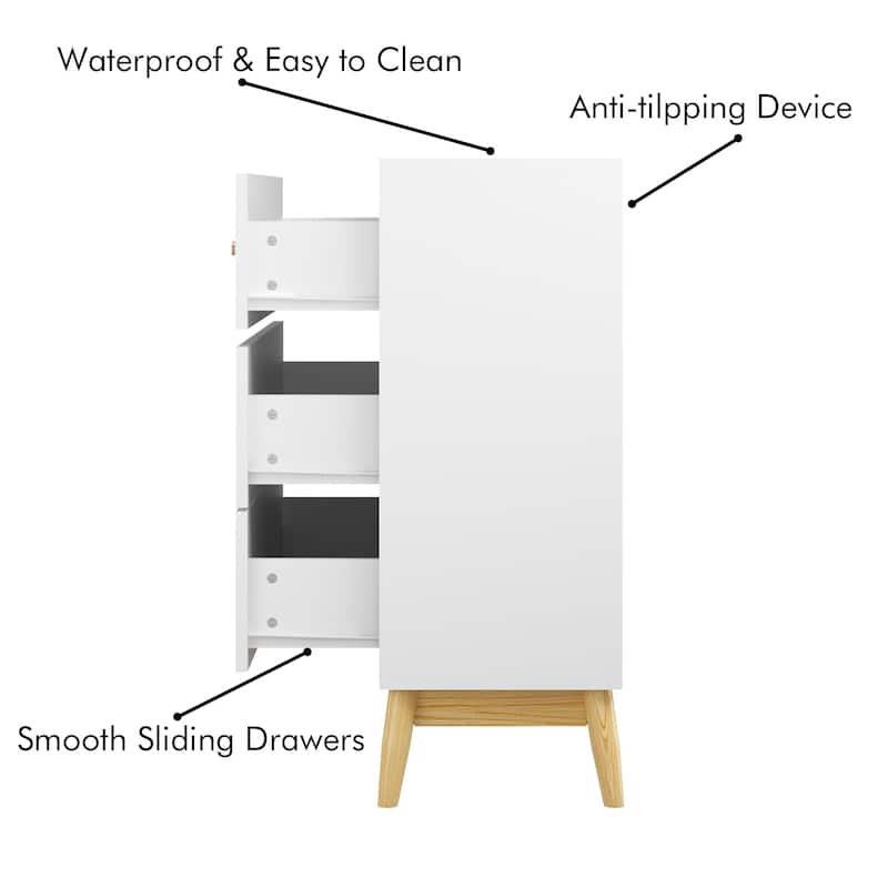 Anmytek 3 Drawer Dresser with Gold Handles Mid Century Modern White Finish Wood Legs Anti Tip for Bedroom Nursery