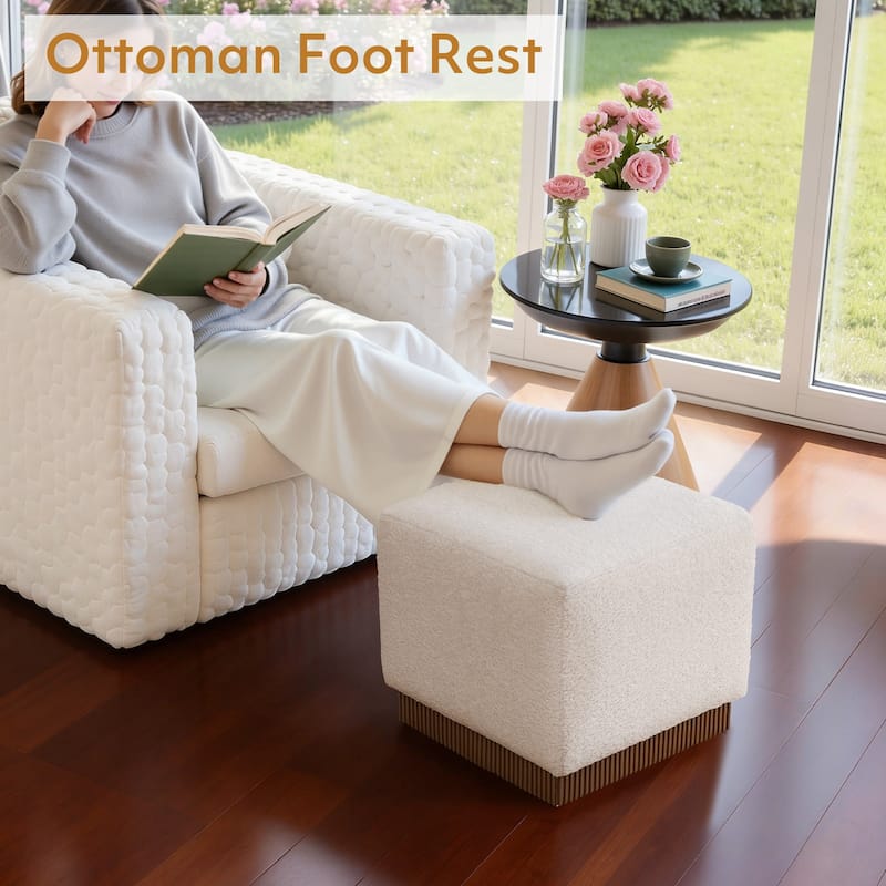 Tufted Square Ottoman Footstool Vanity Stool Sofa Side Table with Acacia Frame